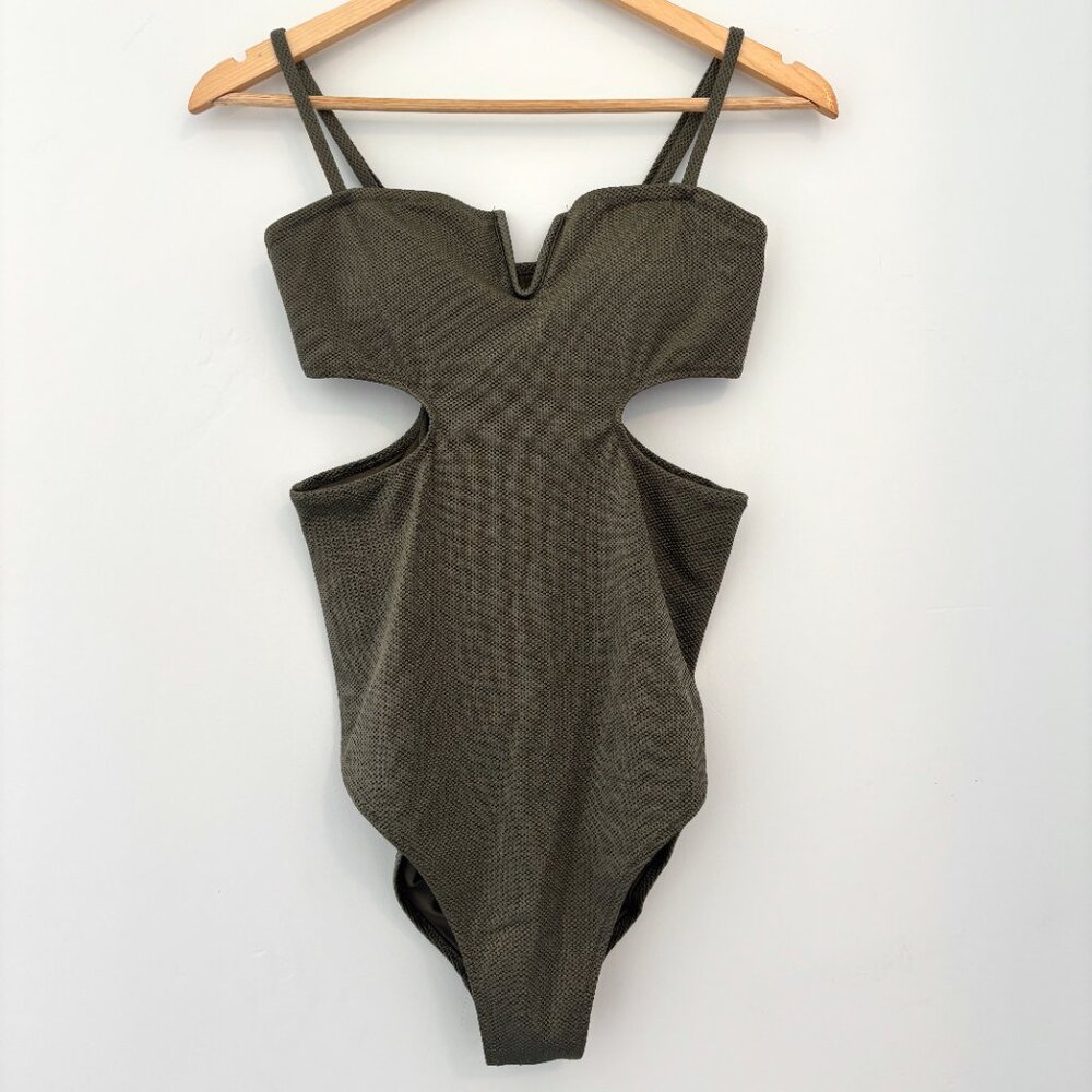 Aerie Shine Pique V Wire Cutout One Piece Swimsuit, Medium Tall